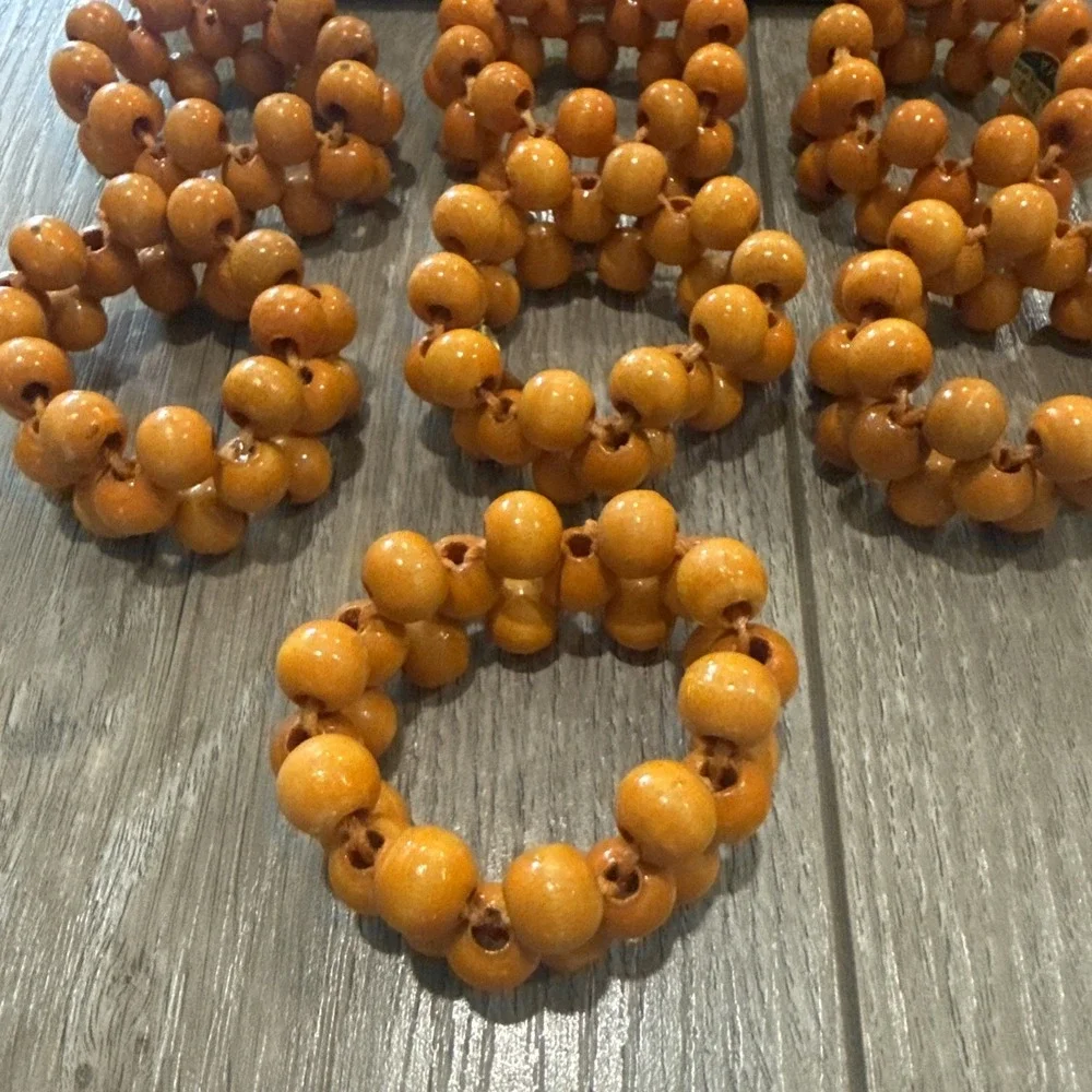7 Vintage Daruma Napkin Rings Wooden Beads Orange 2